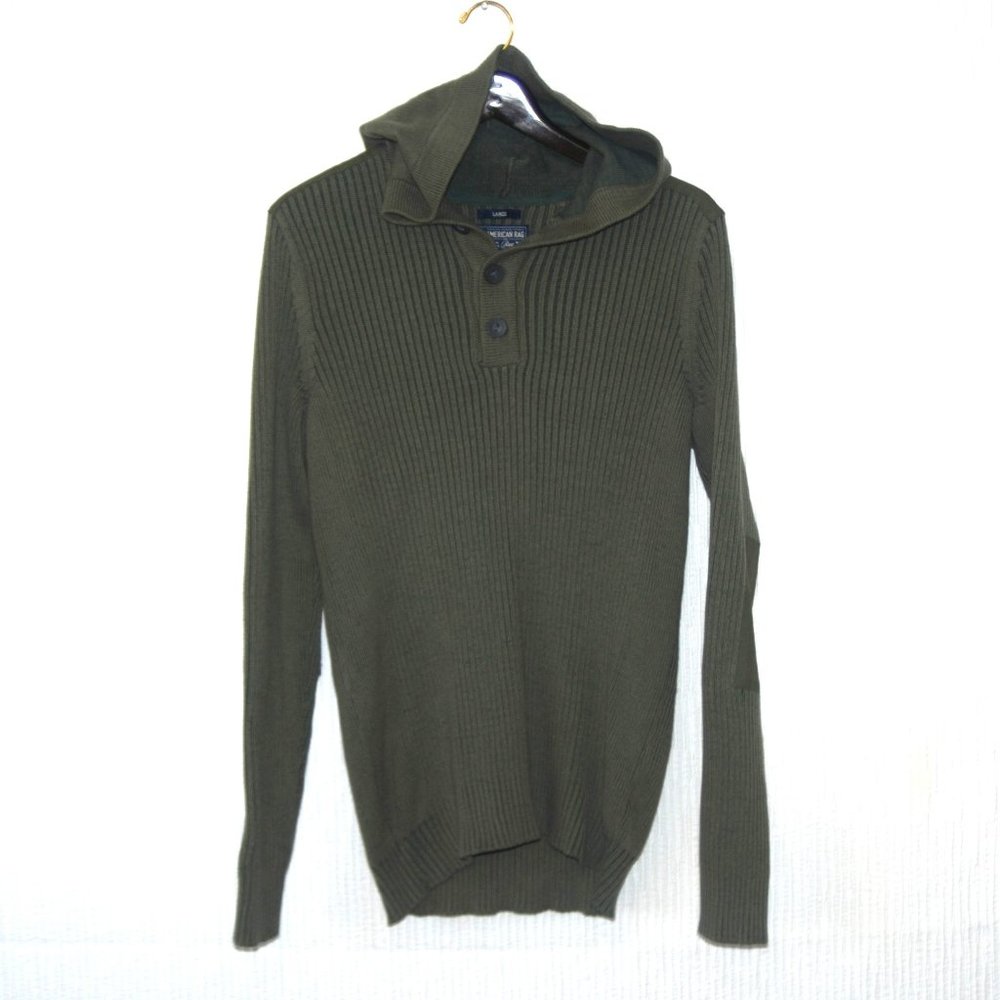 American Rag Khaki Men's Hooded Patch Sweater Cotton Large